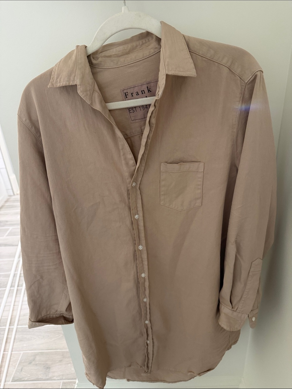 Light Beige Frank & Eileen Mary Button-Up dress with distressing as designed